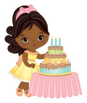 Cute Little Black Girl Blowing out Candles on Birthday Cake Wearing Pastel Dress
