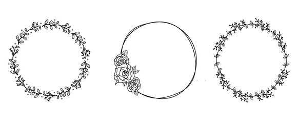 Hand drawn floral wreaths set in cute doodle style on transparent background. Vector llustration for card, wedding invitations.