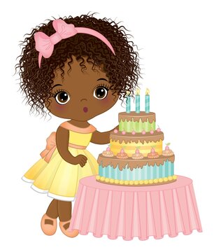 Cute Little Black Girl Blowing out Candles on Birthday Cake Wearing Pastel Dress