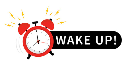 Wake up icon. Good morning, alarm clock ringing and mornings wakes. Icon with alarm clock call and expression speech bubble with wake up text. Waking up time motivation card or inspiration wake slogan - obrazy, fototapety, plakaty