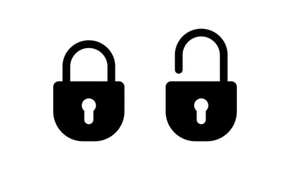 Lock unlock icon set black color isolated on white background. Flat style vector illustration of locked and unlocked padlocks icons. Protection icon.