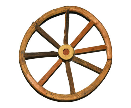 Ancient wooden wheel with spokes, isolate