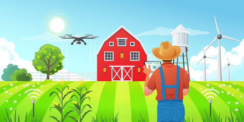 Smart farming - a farmer using a tablet computer to control a drone, monitor and statistics of crop growth in the fields, sensors for measuring soil moisture, wind power station, vector illustration.