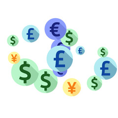 Euro dollar pound yen round signs scatter money vector background. Income backdrop. Currency tokens