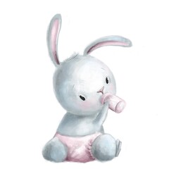 new born rabbit with milk bottle, hand drawn illustration, lovely clipart with cartoon character