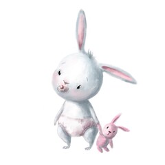 new born rabbit with plush toy, hand drawn illustration, lovely clipart with cartoon character