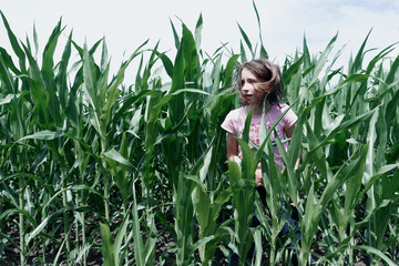 Teenager girl running through a cornfield and looking back