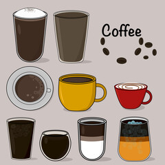 Coffee vector illustration. Coffee set. Collection of glasses with drinks
