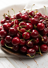 cherries as background with shallow depth of field, bright and juicy cherry fruit, fruit texture