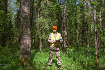 Fototapeta premium A forest engineer works in the forest. Accounting for the forest fund. Voluntary forest certification.