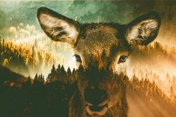 double exposure of deer and forest - obrazy, fototapety, plakaty