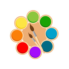 Vector illustration of wooden artist palette with brushs and paint.