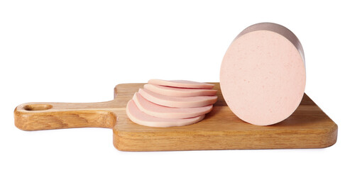 Wooden board with delicious boiled sausage isolated on white © New Africa