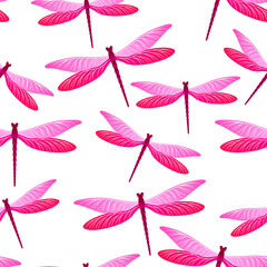 Dragonfly charming seamless pattern. Summer dress textile print with flying adder insects. Garden