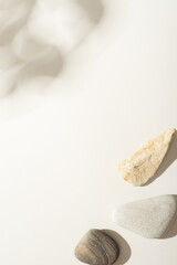 Beauty and cosmetic background and backdrop with shadow and stones on white