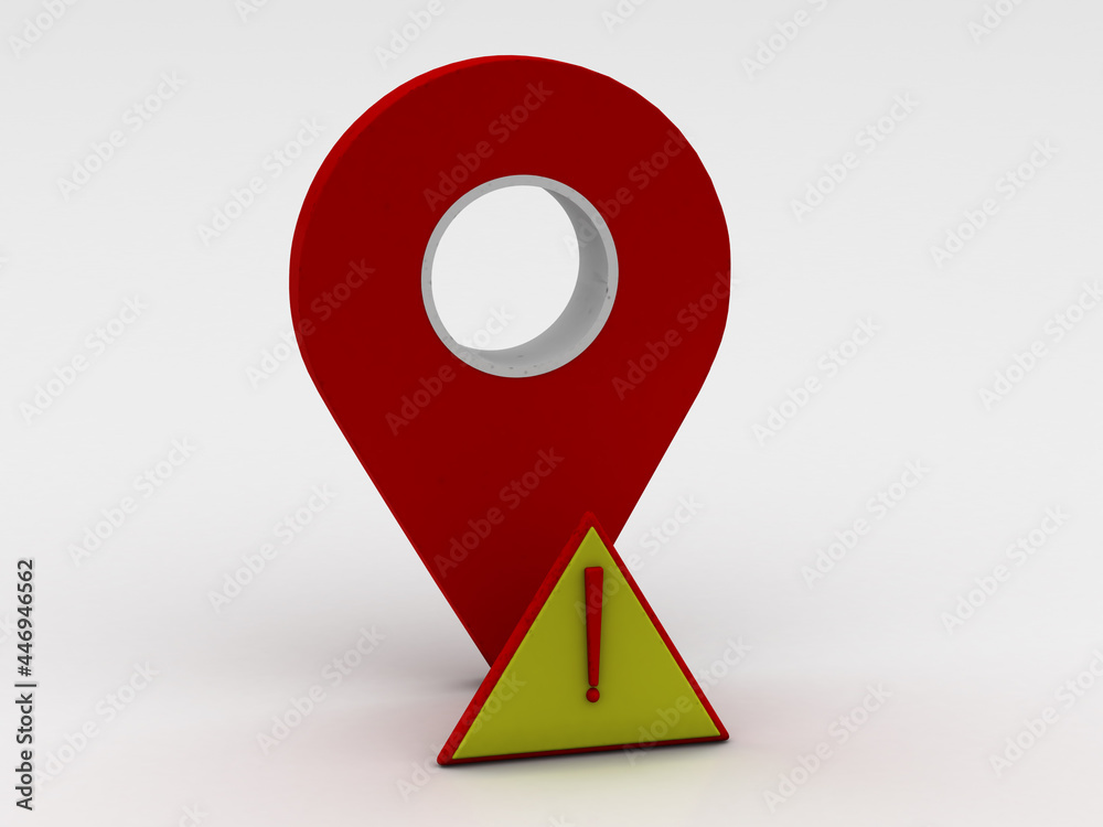 Poster warning attention concept. exclamation mark icon on a red color map pointer isolated . 3d illustrati