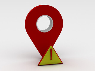 Warning attention concept. Exclamation mark icon on a red color map pointer isolated . 3d illustration