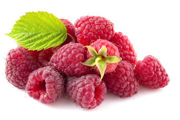 Fresh raspberries and green leaf isolated on white background.