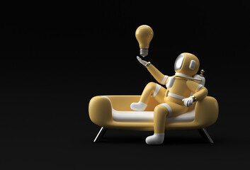 3d Render Astronaut Holding Bulb Sitting on Sofa Mockup 3d illustration Design.