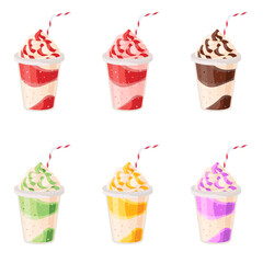 Milk shake set vanilla, strawberries, Cherry, chocolate, orange, kiwi, blueberries on white background