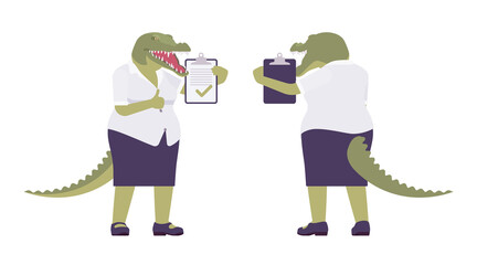 Crocodile woman, green reptile lady, animal head, tail human, approve. Aggressive dangerous person with powerful jaws, teeth, wild predator. Vector flat style cartoon illustration, front and rear view