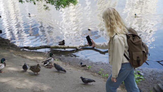 Young woman traveler with a large backpack takes pictures of birds on the phone on the lake. Love for nature, travel blogger. Slow motion, HD.