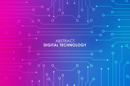 Digital technology banner pink blue background concept with technology lines, abstract tech, illustration. Colorful graphic concept.