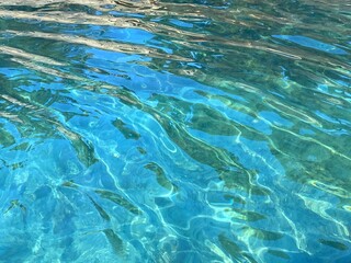 Sea blue turquoise waves background. Rippled shiny water surface. Crystal clear ocean. Summer dream. Tropical paradise. Beautiful azure calm seascape. Clean aqua.