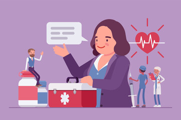 Female hospital trustee giving money to help for financial health. Governing body making plan, talk on administrative supervision, charity support for medical staff and clinic. Vector illustration