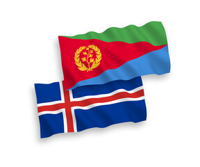National vector fabric wave flags of Eritrea and Iceland isolated on white background. 1 to 2 proportion.