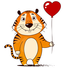 Cool cartoon tiger with red heart-shaped balloon. Symbol of 2022. Vector illustration