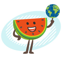 Cartoon Watermelon Character holding a planet on his index finger