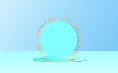 Elegant blue podium. A stand for displaying products with leaves and shadows with a minimalist light blue wall.