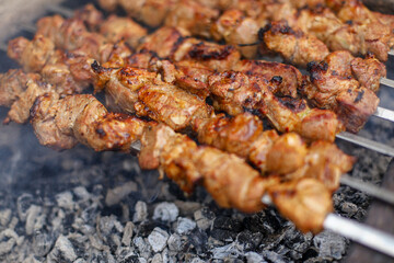 meat on the grill, skewers with meat