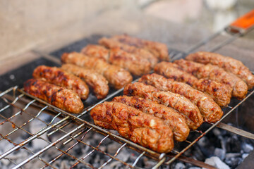 shish kebab on the grill, meat on the grill