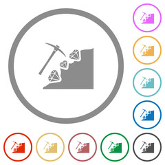 Diamond mining flat icons with outlines