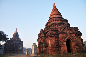 View landscape ruins cityscape UNESCO World Heritage Site with over 2000 pagodas temples for burmese people foreign travelers travel visit at Bagan or Pagan ancient city in Mandalay, Myanmar or Burma