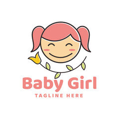 Cute smile baby girl line logo illustration template inspiration