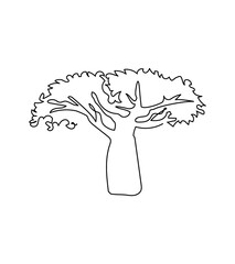 Baobab tree one line art. Continuous line drawing of plants, herb, tree, wood, nature, flora, african trees, baobab, acacia umbrella, savanna.