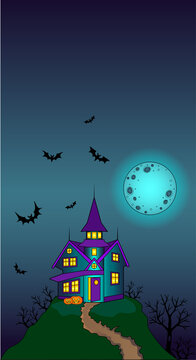 Halloween picture with a full moon, bats, pumpkins and a scary mansion on the mountain - vector smartphone wallpaper or vertical banner. Halloween card with copy space.