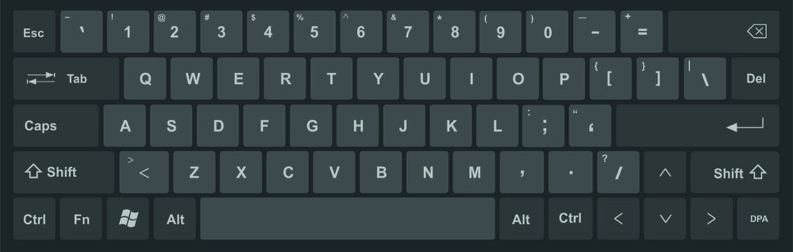 Keyboard with black and dark gray keys, and all symbols, letters of the alphabet and numbers to type -  International design for a vector editable keypad