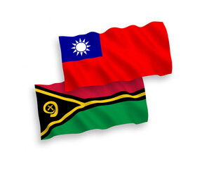 National vector fabric wave flags of Republic of Vanuatu and Taiwan isolated on white background. 1 to 2 proportion.