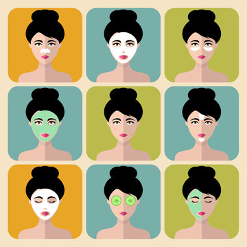 Big Set Women Icons With Different Cosmetic Treatment Facial Masks Flat Style Female Faces Heads Collection