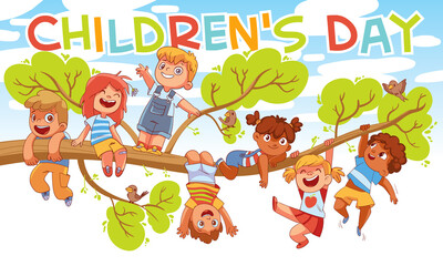 Children's Day. Children hung on a tree branch
