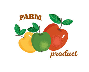 Red, yellow and green apples with inscription Farm product.