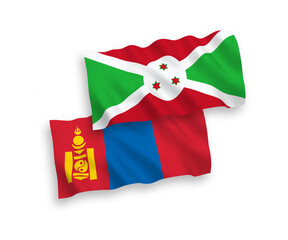 National vector fabric wave flags of Burundi and Mongolia isolated on white background. 1 to 2 proportion.