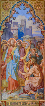 Painting of Jesus healing a blind beggar near Jericho (Luke 18:35). Votivkirche – Votive Church, Vienna, Austria. 2020-07-29