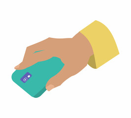 Fototapeta premium Hand hold green phone Flat vector illustration on white background