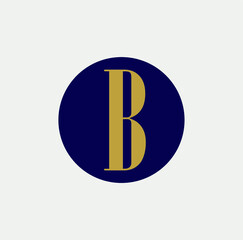 "B" company name initial letter monogram. Golden B letter on the blue circle. B icon.
