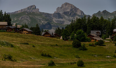 Fototapeta na wymiar wooden mountain top chalet in summer ,devoluy ,French alps.